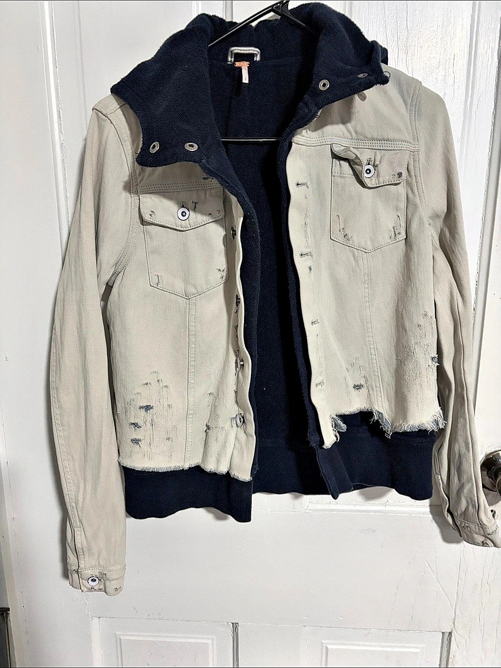 Free people Distressed Hooded Jean Jacket in White & Black
